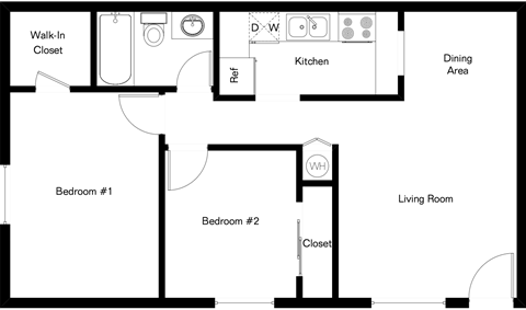 A floor plan of a small apartment with two bedrooms, a living room, a kitchen, a dining area, a walk-in closet, and a laundry room.